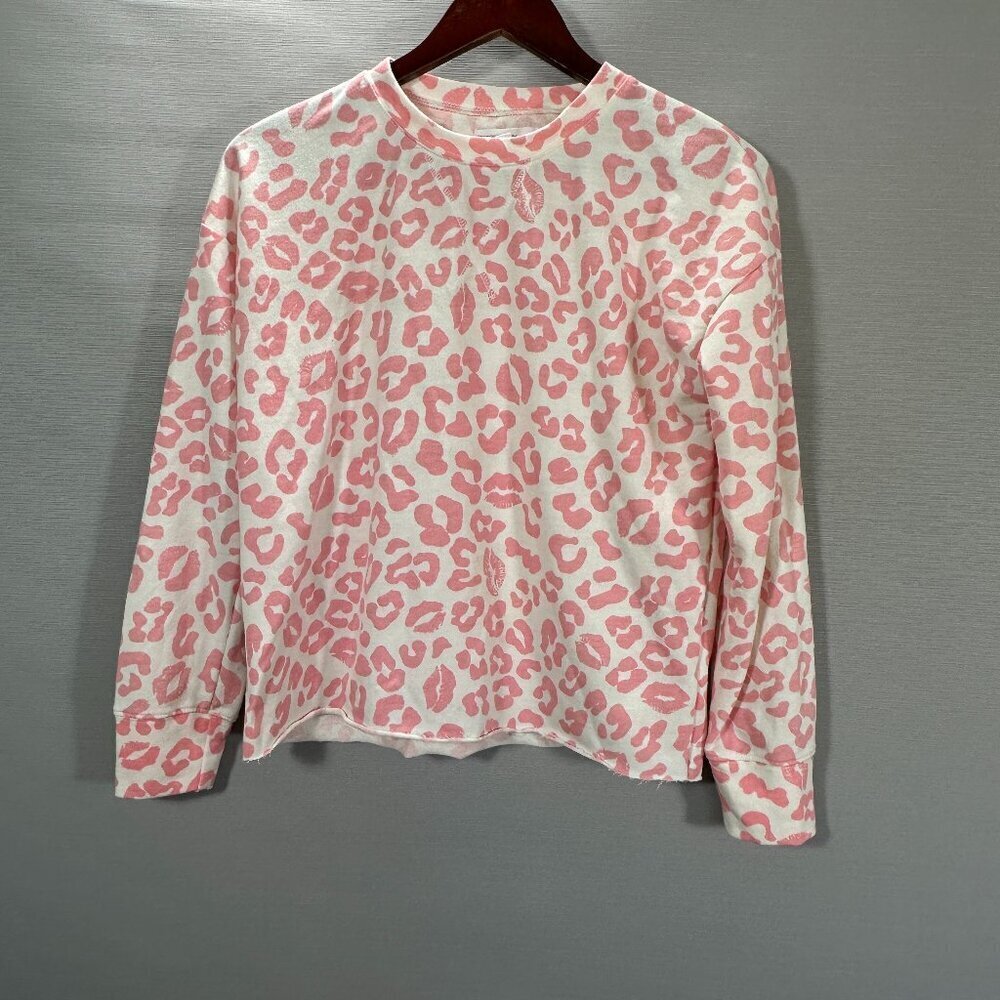 Grayson Threads Sweatshirt Womens Small Pink Gray Animal Print Sleepwear Raw Hem